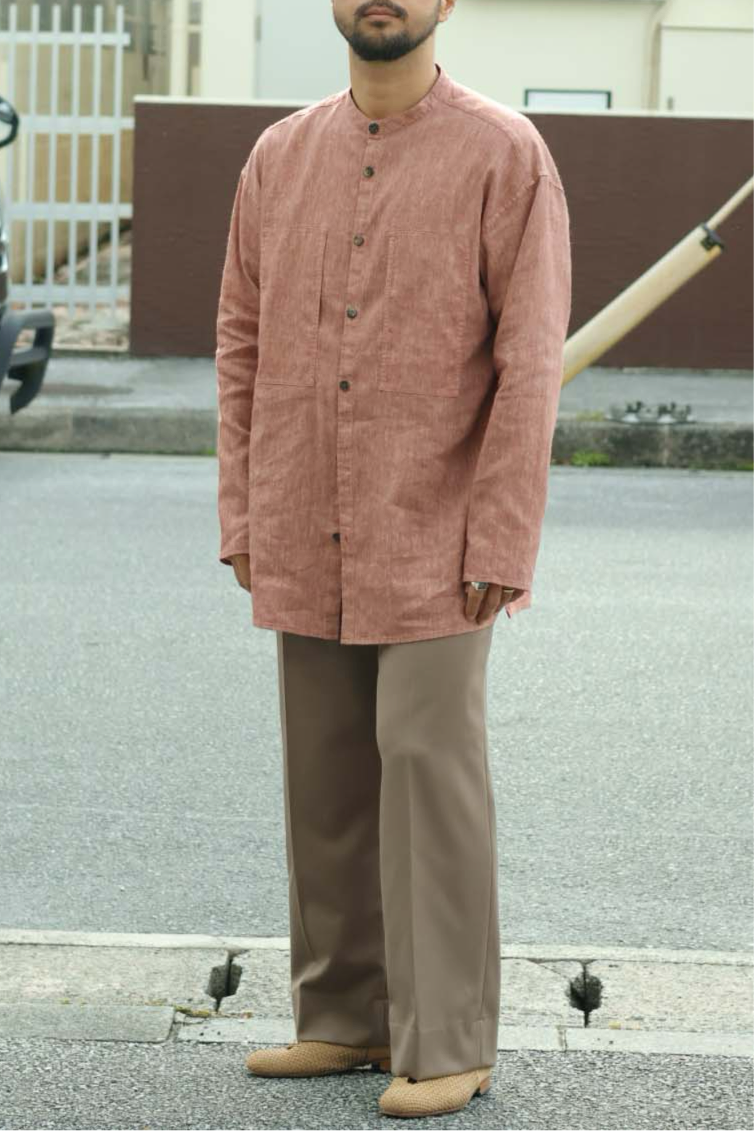 【Cale】"WOOL LINEN LIGHT GARMENT DYE COLLARLESS SHIRT"