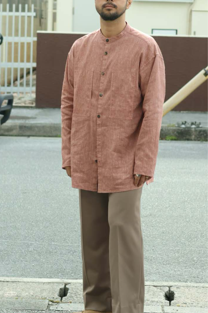 【Cale】"WOOL LINEN LIGHT GARMENT DYE COLLARLESS SHIRT"