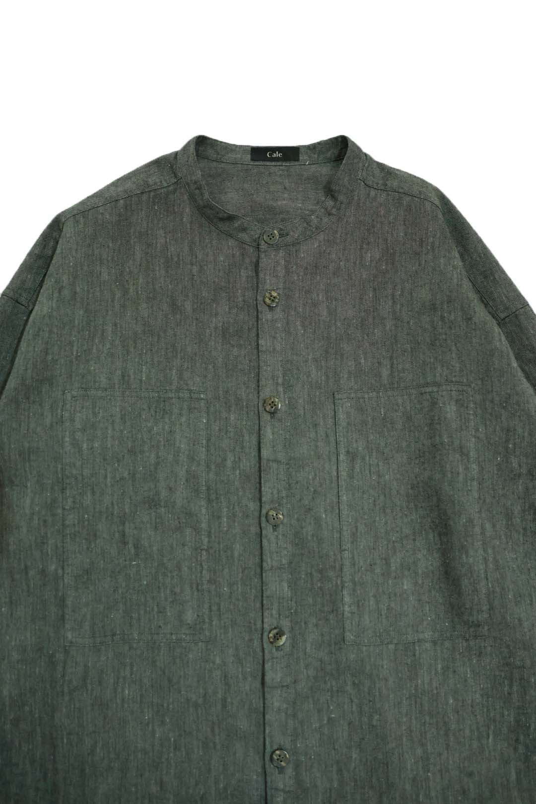 【Cale】"WOOL LINEN LIGHT GARMENT DYE COLLARLESS SHIRT"