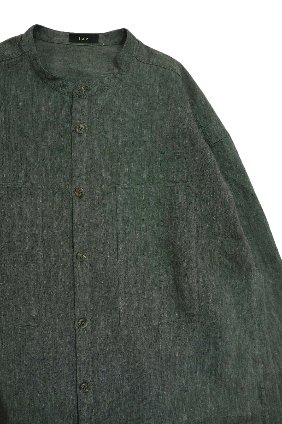 【Cale】"WOOL LINEN LIGHT GARMENT DYE COLLARLESS SHIRT"
