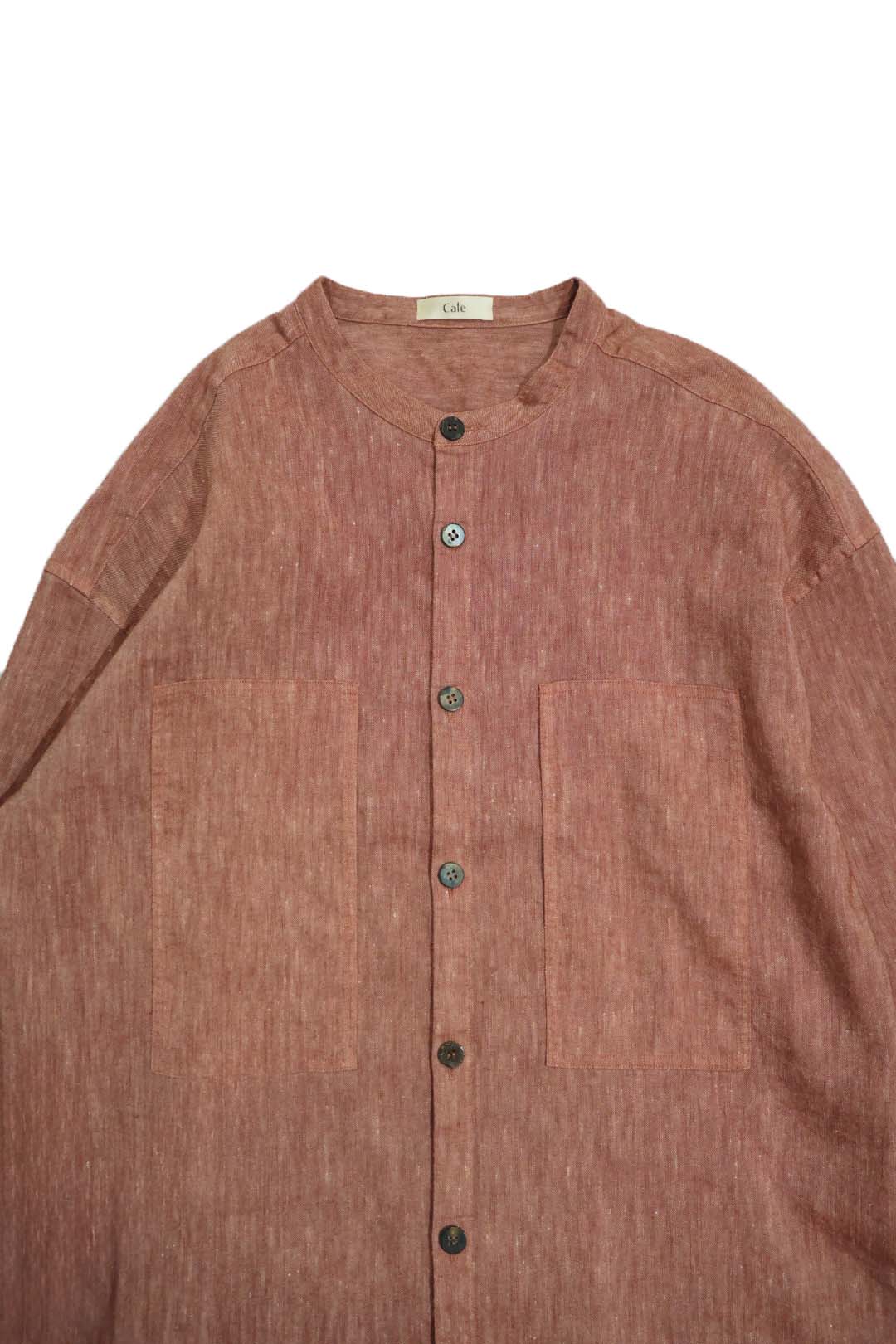 【Cale】"WOOL LINEN LIGHT GARMENT DYE COLLARLESS SHIRT"