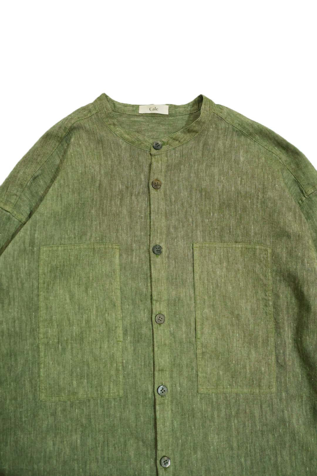 【Cale】"WOOL LINEN LIGHT GARMENT DYE COLLARLESS SHIRT"