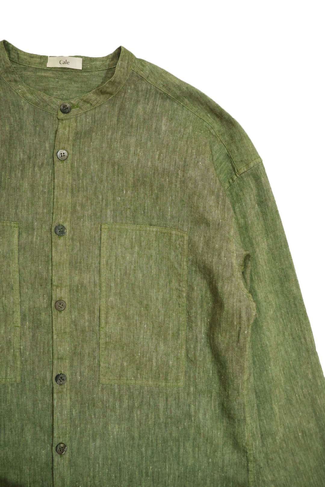 【Cale】"WOOL LINEN LIGHT GARMENT DYE COLLARLESS SHIRT"