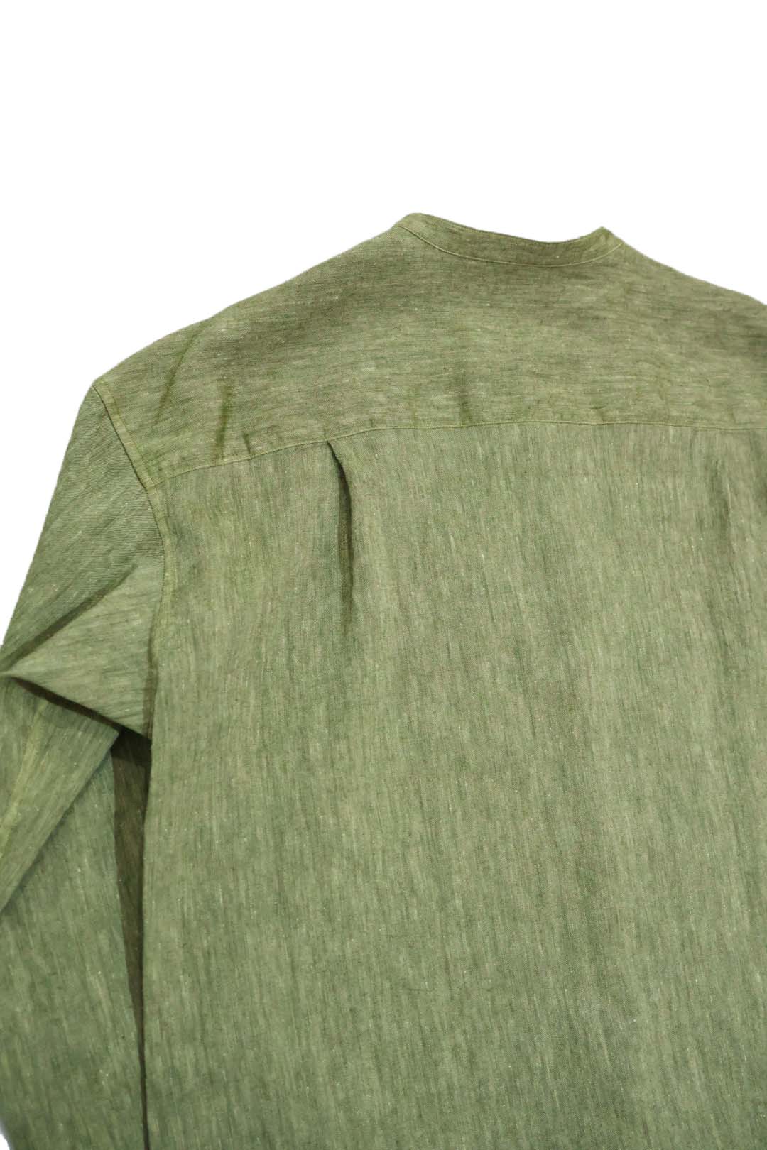 【Cale】"WOOL LINEN LIGHT GARMENT DYE COLLARLESS SHIRT"