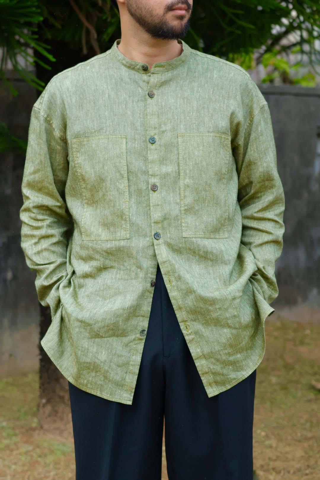 【Cale】"WOOL LINEN LIGHT GARMENT DYE COLLARLESS SHIRT"