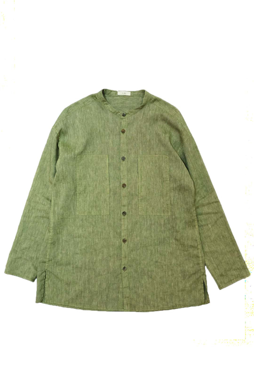 【Cale】"WOOL LINEN LIGHT GARMENT DYE COLLARLESS SHIRT"