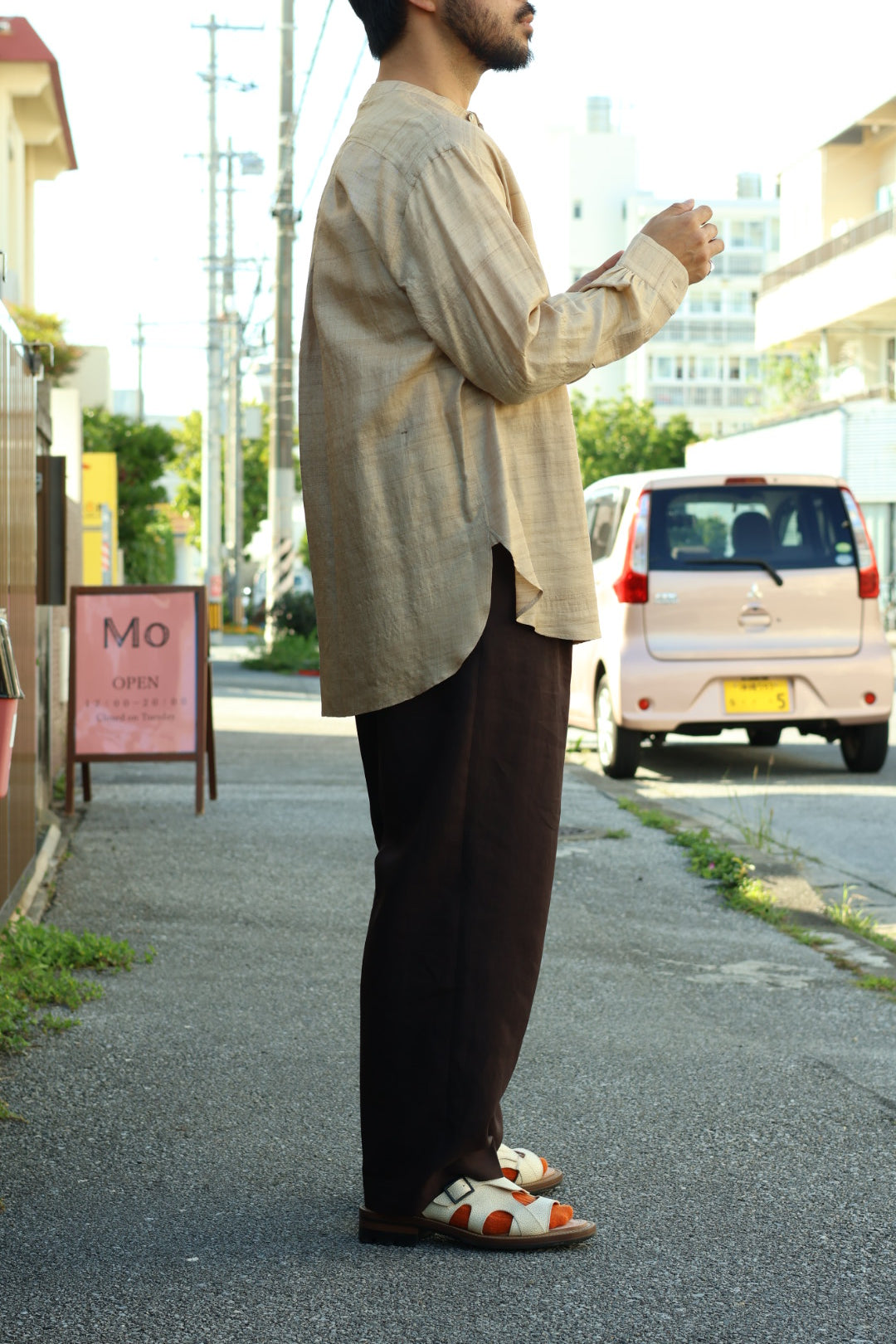 【Urig】TUSSAR SILK BAND COLLAR SHIRT (STRATA)