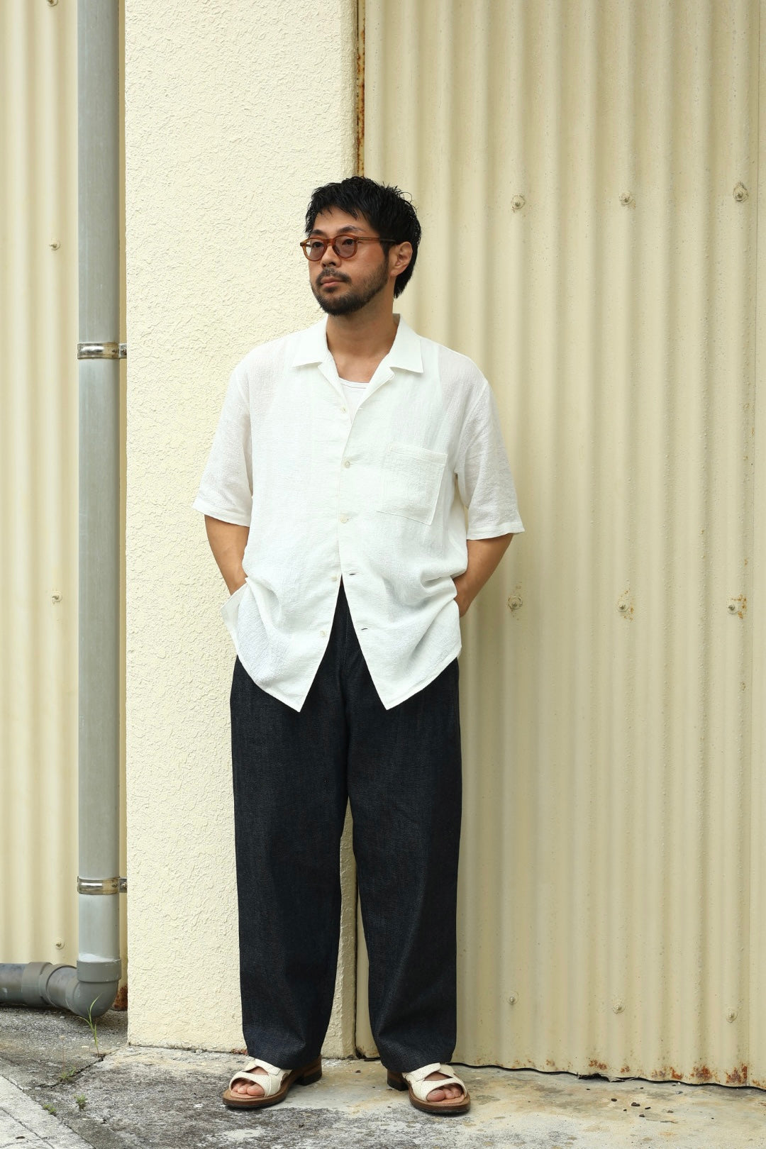 【Cale】WATER TWISTED LINEN OPEN COLLAR S/S SHIRT
