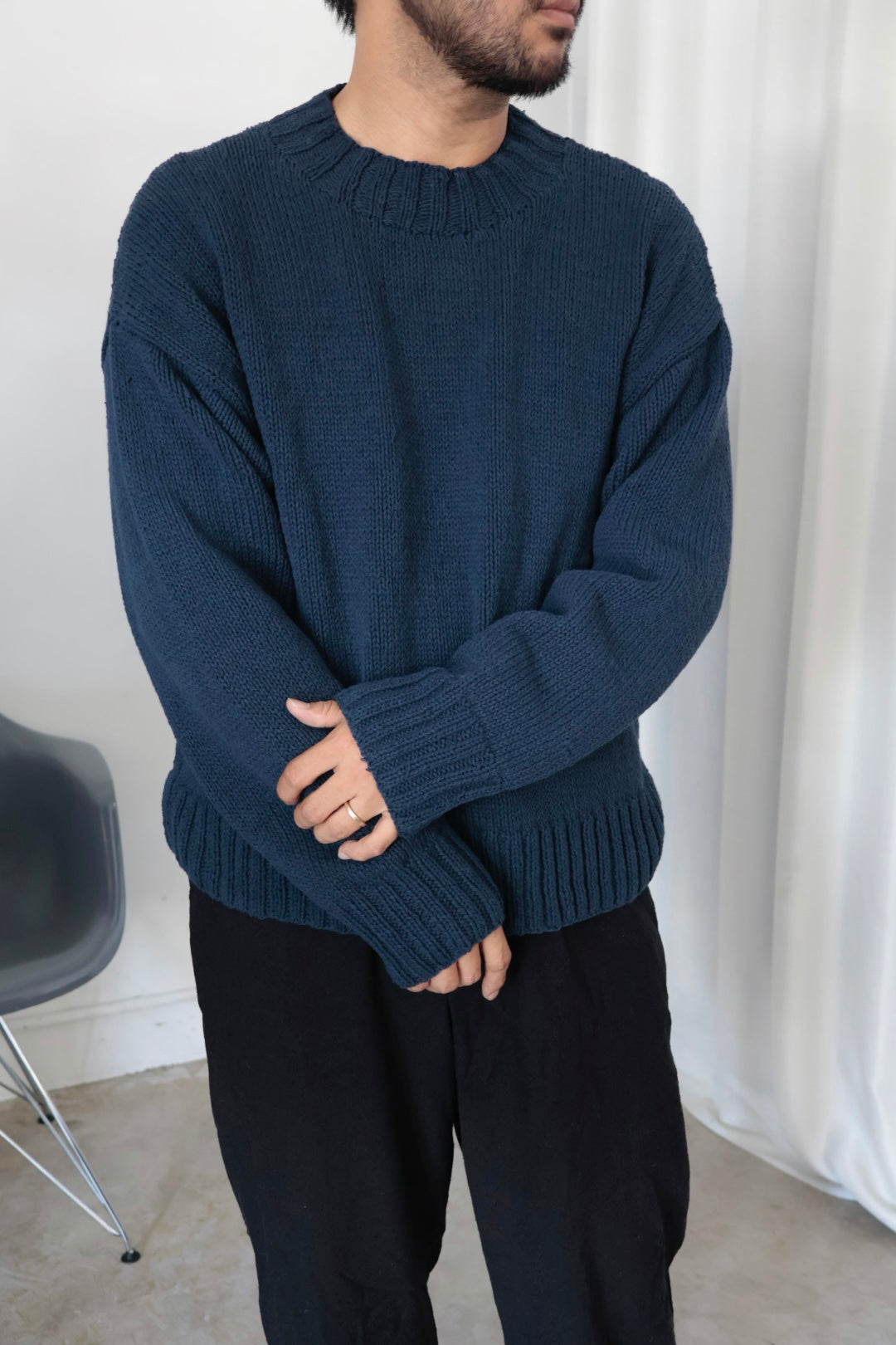 【Cale】 Cotton Hand Knit Pullover / Navy