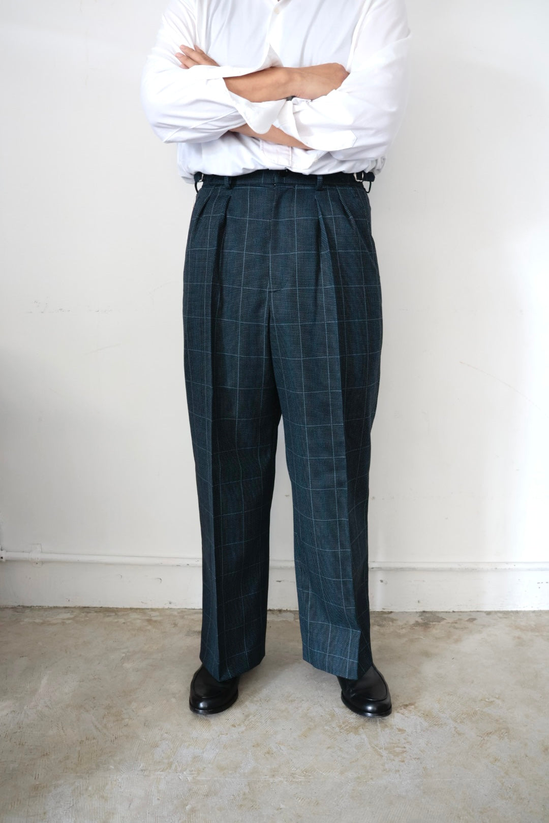 【谷吹】Two intuck wide trousers /　Navy Check /80’s-90’s 「C.D.K. SUPER TEX」