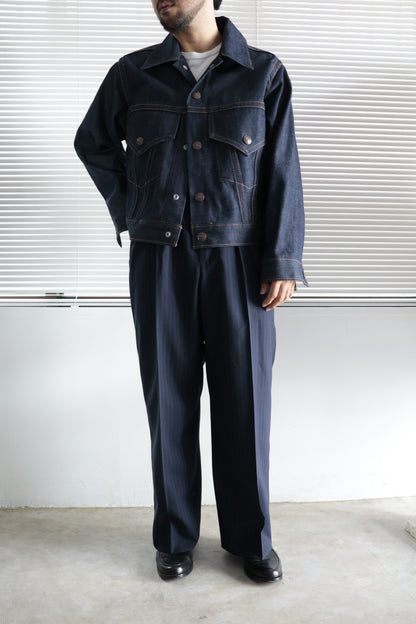 26SS【谷吹】Two intuck wide trousers -Navy- Wool Twill Stripe