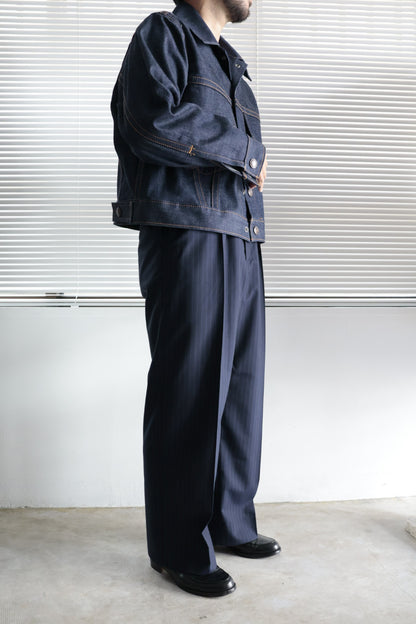 26SS【谷吹】Two intuck wide trousers -Navy- Wool Twill Stripe