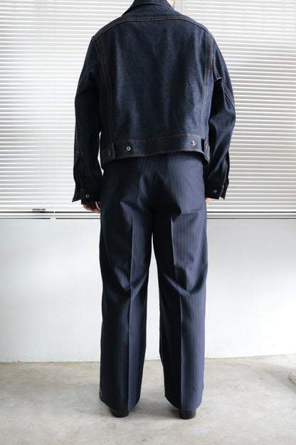 26SS【谷吹】Two intuck wide trousers -Navy- Wool Twill Stripe