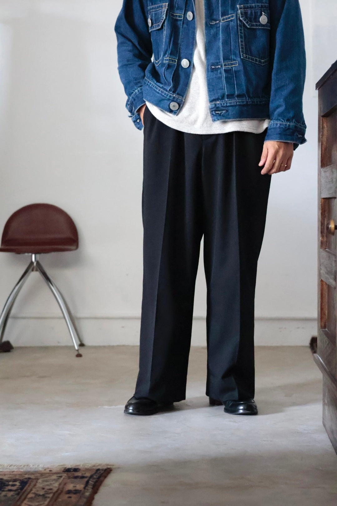 26SS【Tanibuki】Two In-Tuck Wide Trousers -Black- Wool Twill