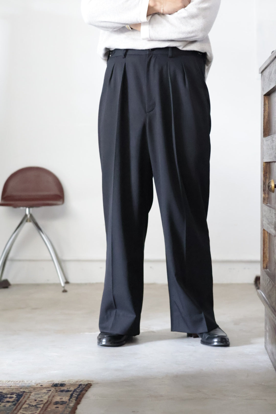 26SS【Tanibuki】Two In-Tuck Wide Trousers -Black- Wool Twill