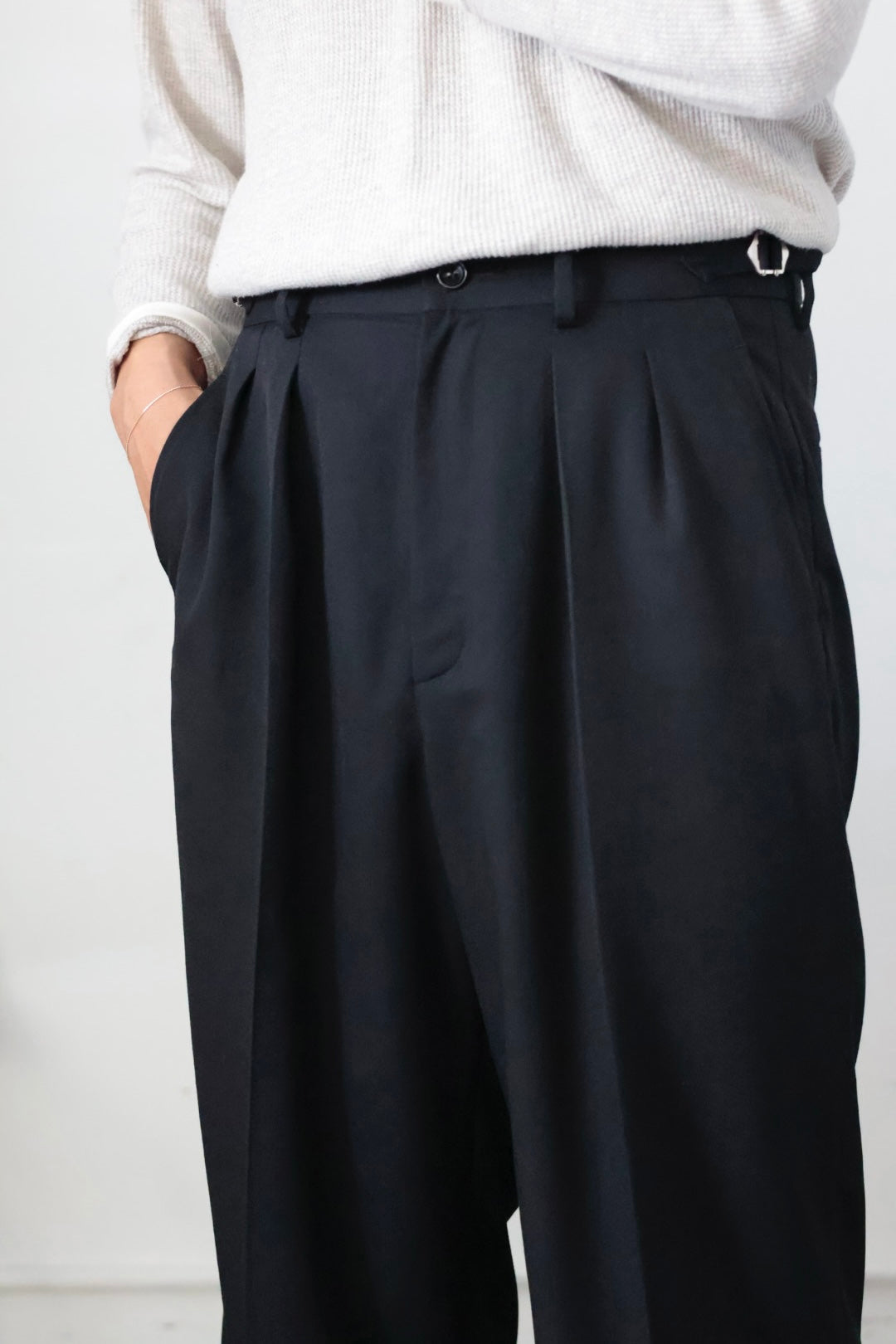 26SS【Tanibuki】Two In-Tuck Wide Trousers -Black- Wool Twill